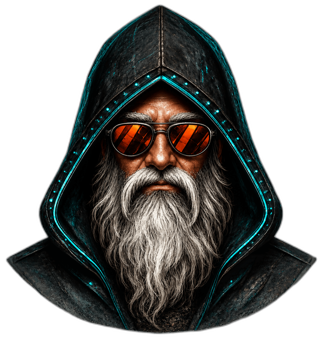 Portrait: hooded druid with mirrored aviator sunglasses