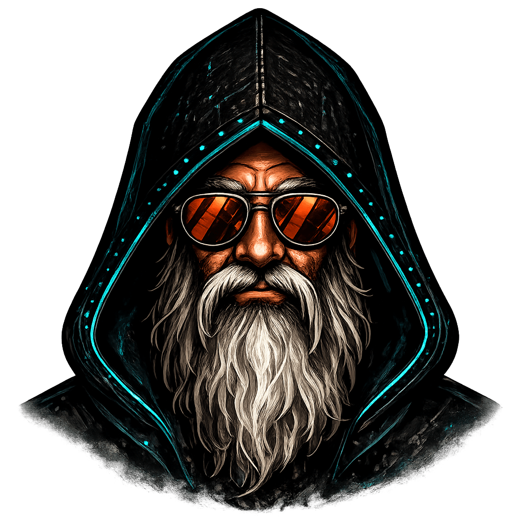 Portrait: hooded druid with mirrored aviator sunglasses